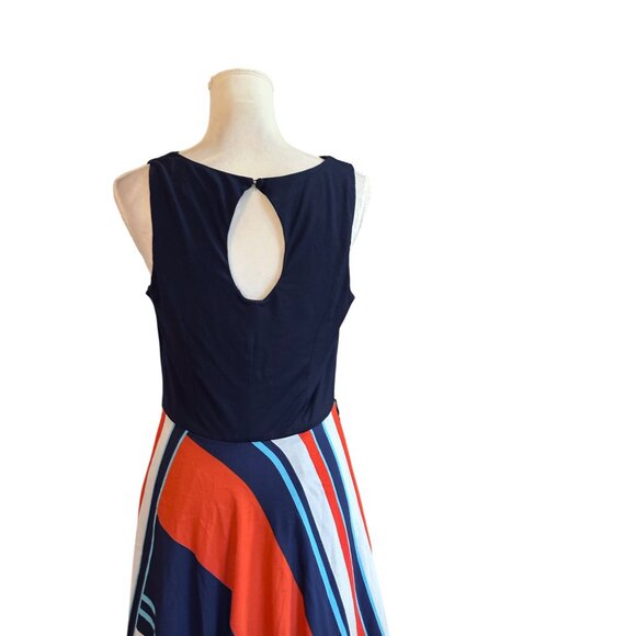 Eliza J Maxi Dress Women 12 Jersey Navy Red Geometric Flowy A-Line No SASH - Picture 4 of 9